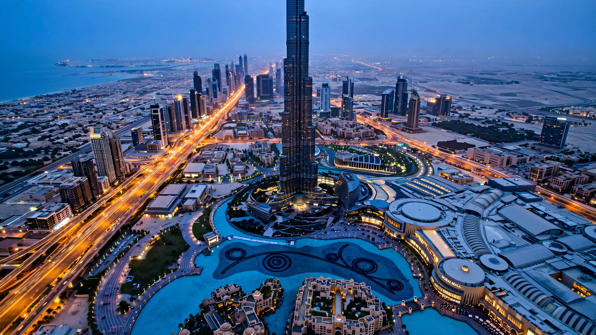 Dubai skyline with Burj Khalifa and Downtown at blue hour