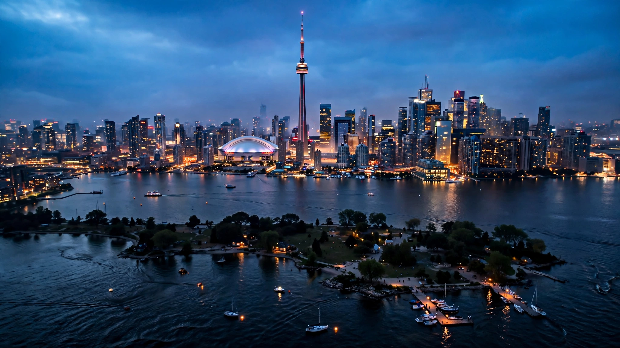 Toronto skyline with CN Tower and harbour islands at dusk