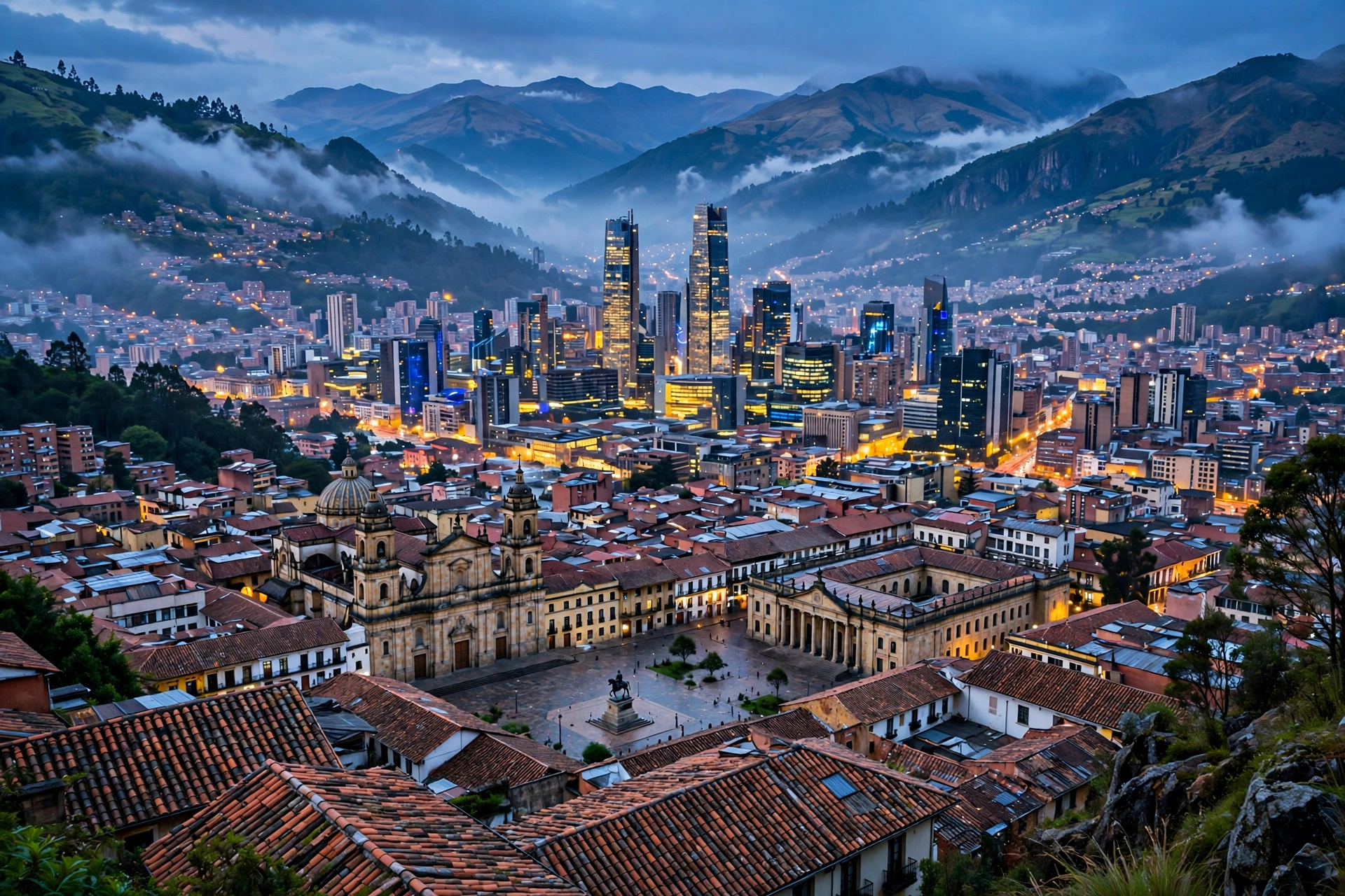 Bogotá historic centre and Monserrate at blue hour, with tiled roofs and high-rise beyond