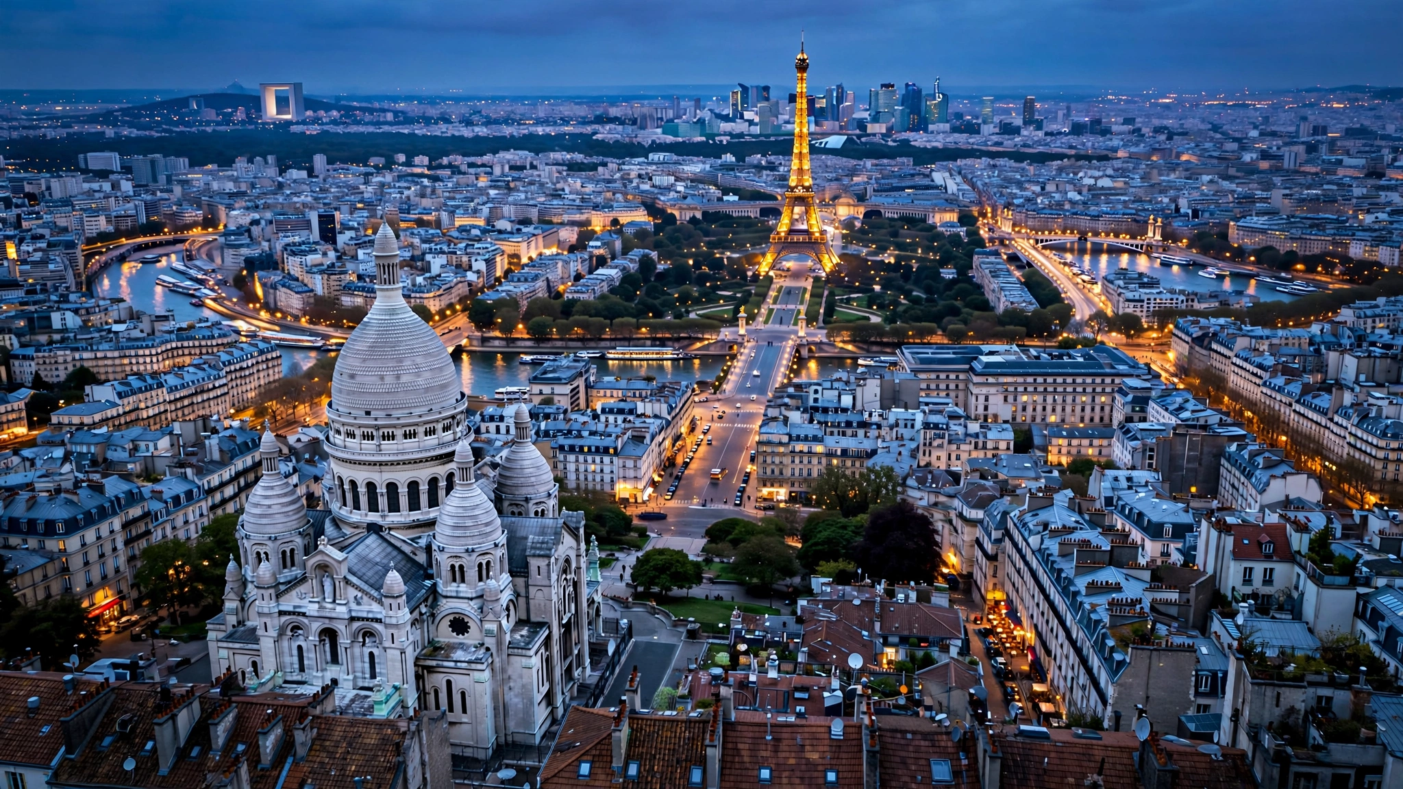 Paris skyline over Montmartre and the Eiffel Tower at blue hour