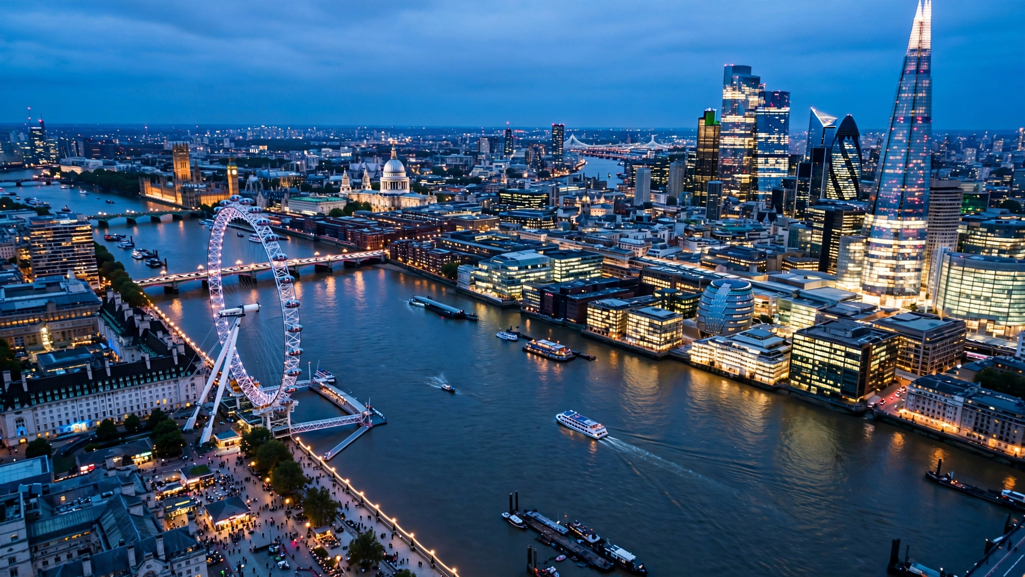 London skyline over the Thames with London Eye and The Shard at blue hour
