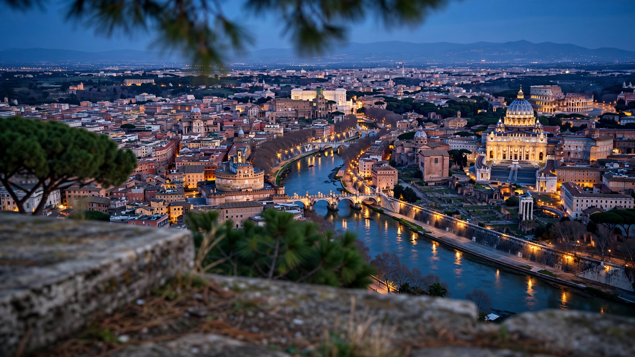Rome skyline over St. Peter's Basilica and the Tiber at blue hour