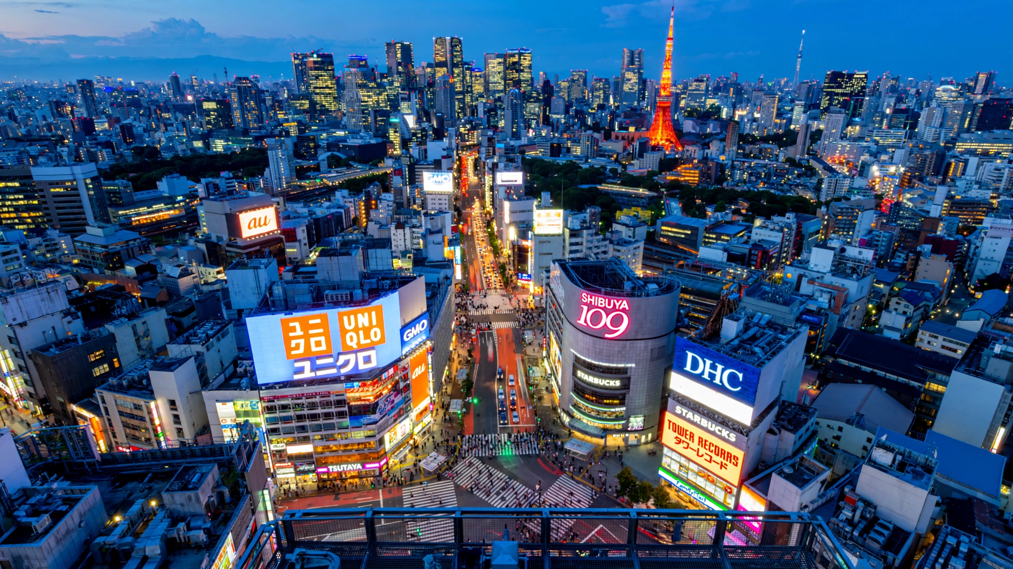 Tokyo Shibuya Crossing and skyline at blue hour