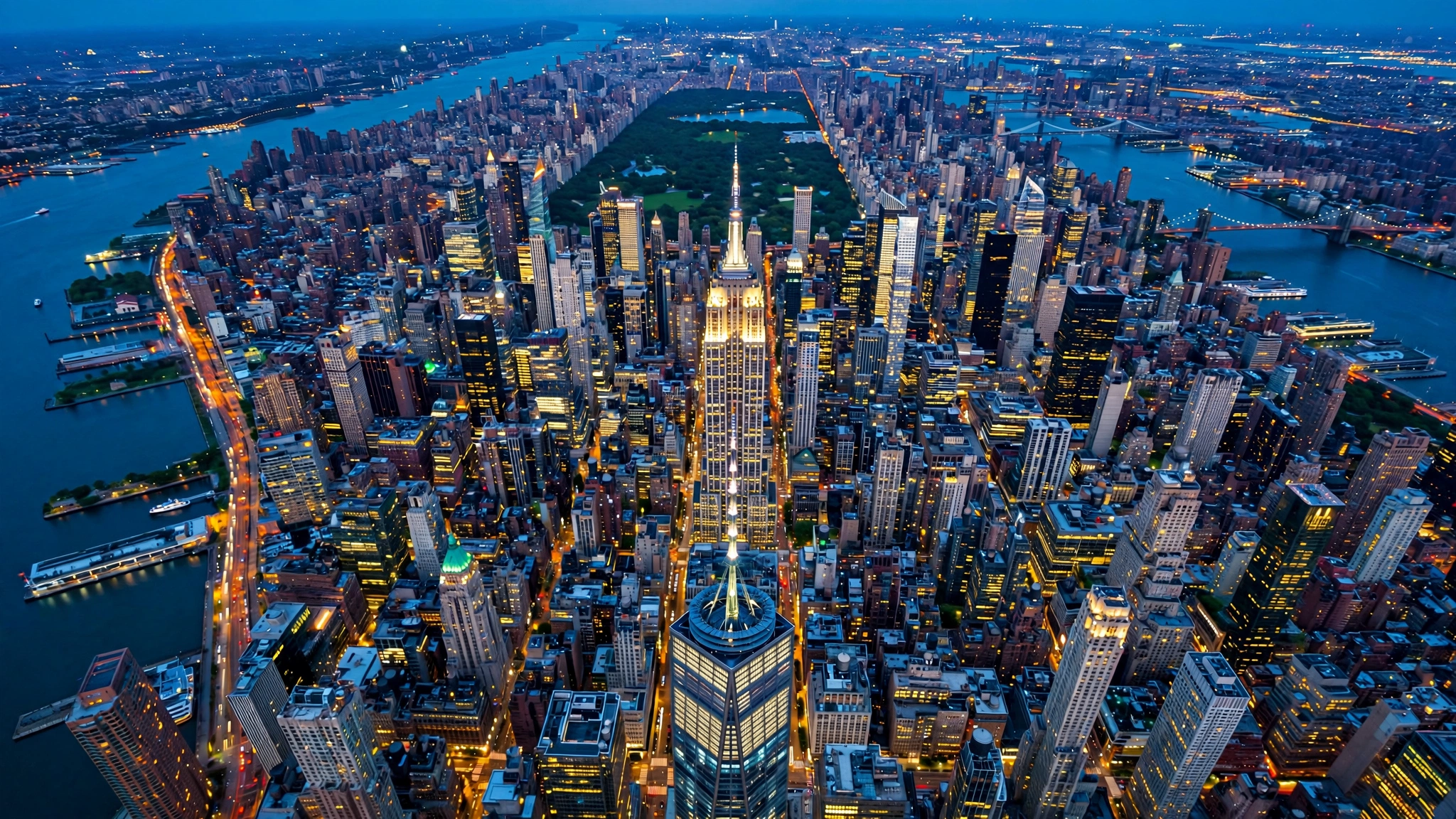New York City skyline over Midtown and Central Park at blue hour